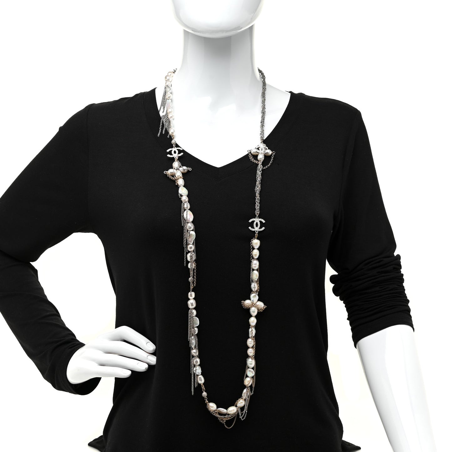 Pearl Chain CC Necklace Gold Silver
