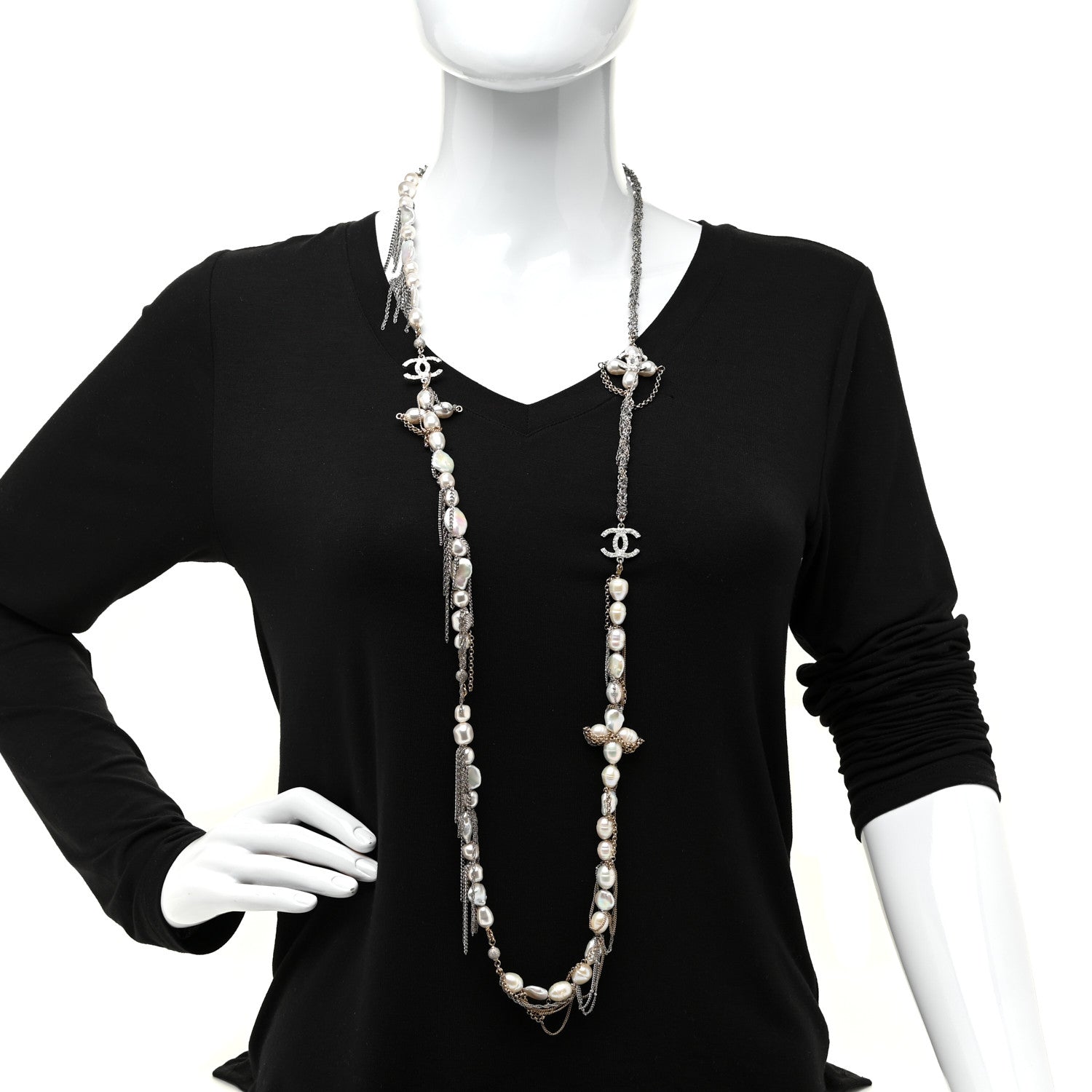 Chanel Pearl Chain CC Necklace Gold Silver 2 of 5