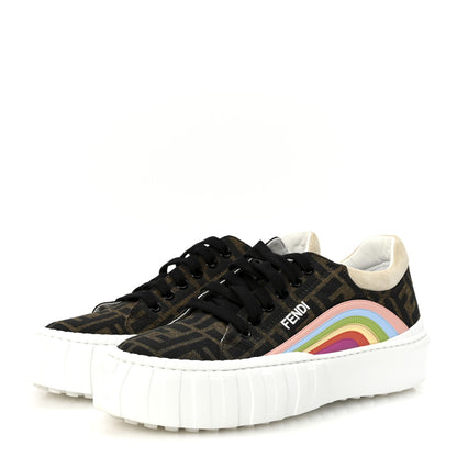 Fendi Fabric Jacquard FF Rainbow Womens Fendi Force Low-Top Sneakers 38.5 Tobacco Black White Multicolor 4 of 9