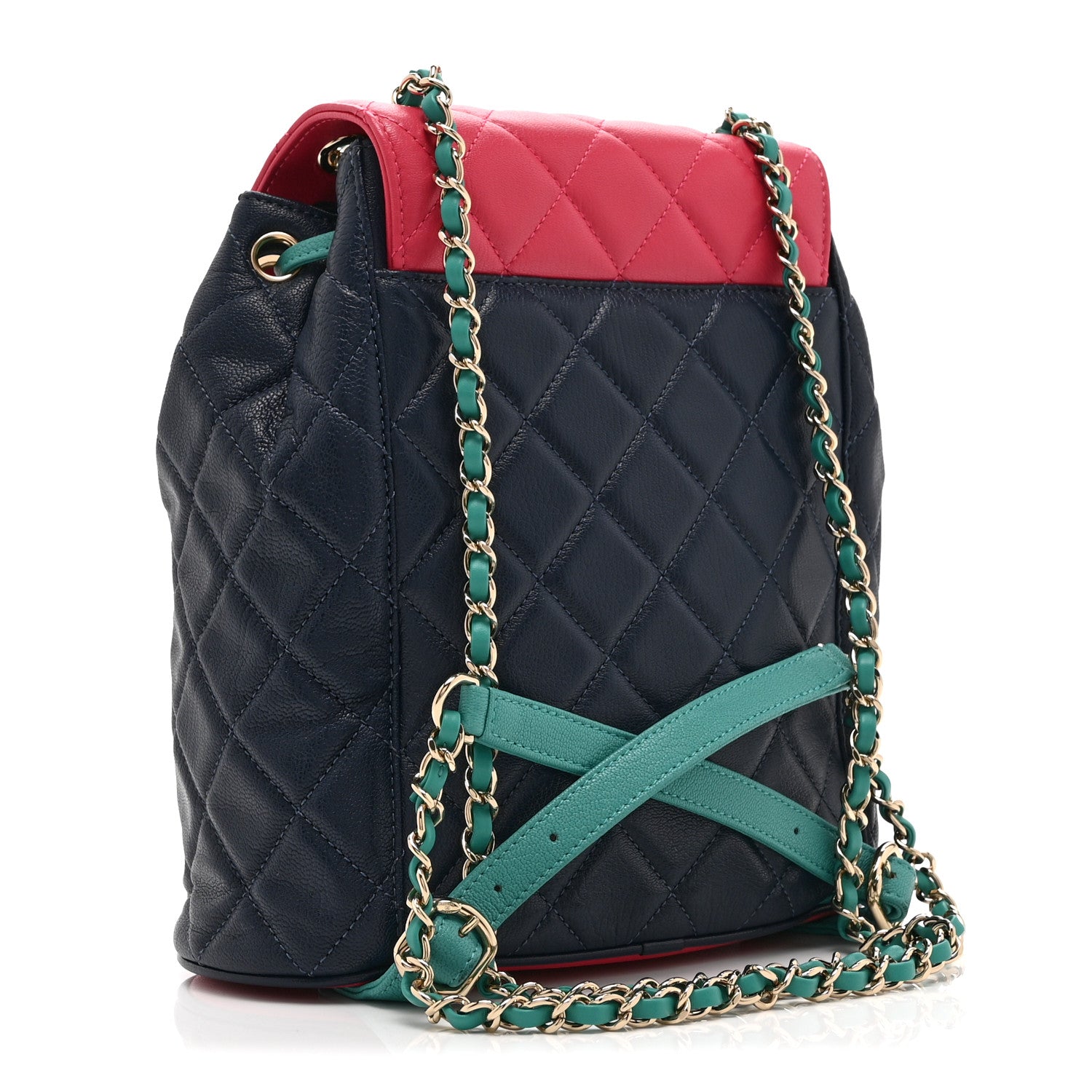 Chanel Goatskin Quilted Duma Drawstring Backpack Navy Turquoise Pink 3 of 10