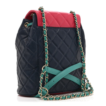 Chanel Goatskin Quilted Duma Drawstring Backpack Navy Turquoise Pink 3 of 10