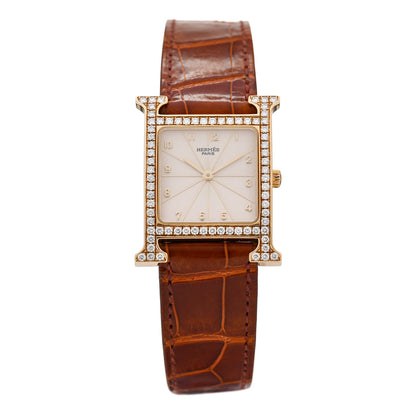 Hermes 18K Yellow Gold Alligator Diamond Bezel 21mm Heure H Hour Quartz Watch Brown 1 of 5