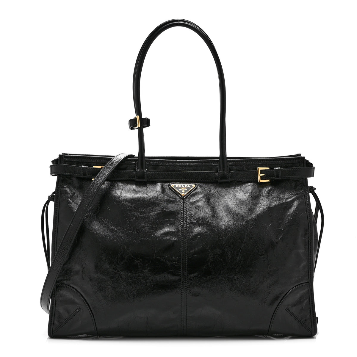 Prada Glossy Calfskin Triangle Large Bonnie Shoulder Bag Black 1 of 10