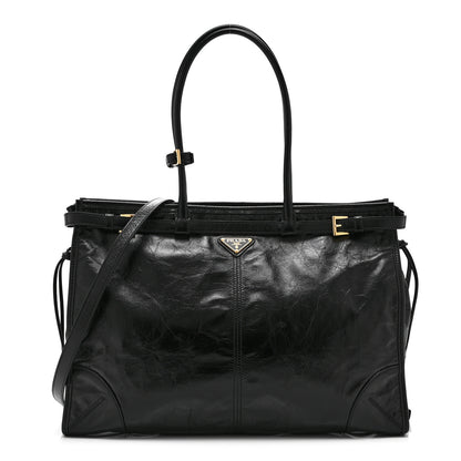 Prada Glossy Calfskin Triangle Large Bonnie Shoulder Bag Black 1 of 10