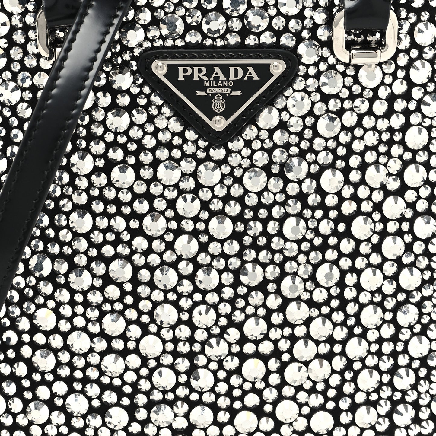 Satin Crystal Metal Triangle Logo Small Double Handle Crossbody Tote Metal