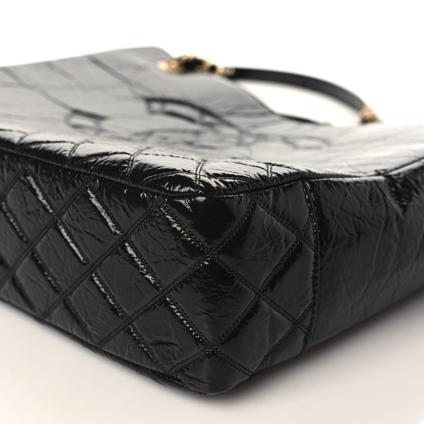 Shiny Aged Calfskin Quilted Large Shopping Bag Black