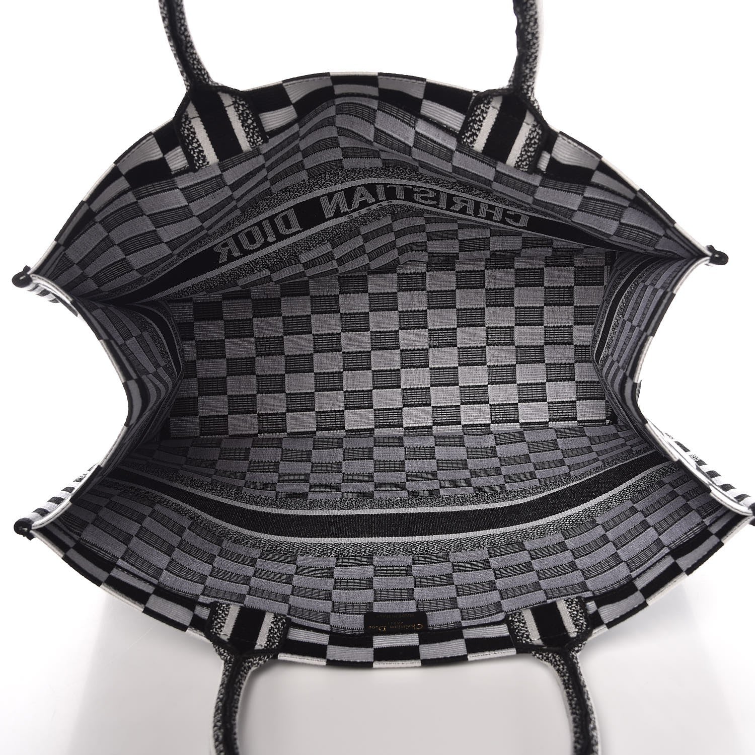 Christian Dior Canvas Embroidered Checkered Book Tote Black White 5 of 9