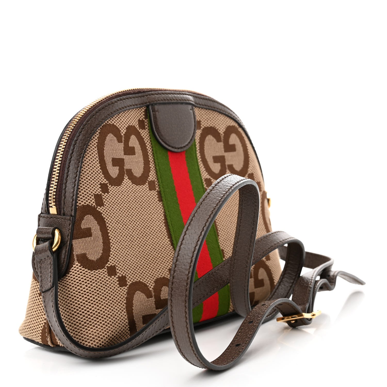 Gucci Monogram Jumbo GG Textured Dollar Calfskin Web Small Ophidia Dome Shoulder Bag Camel Ebony New Acero 3 of 12