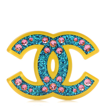 Chanel Resin Glitter Crystal CC Brooch Yellow Blue 1 of 4