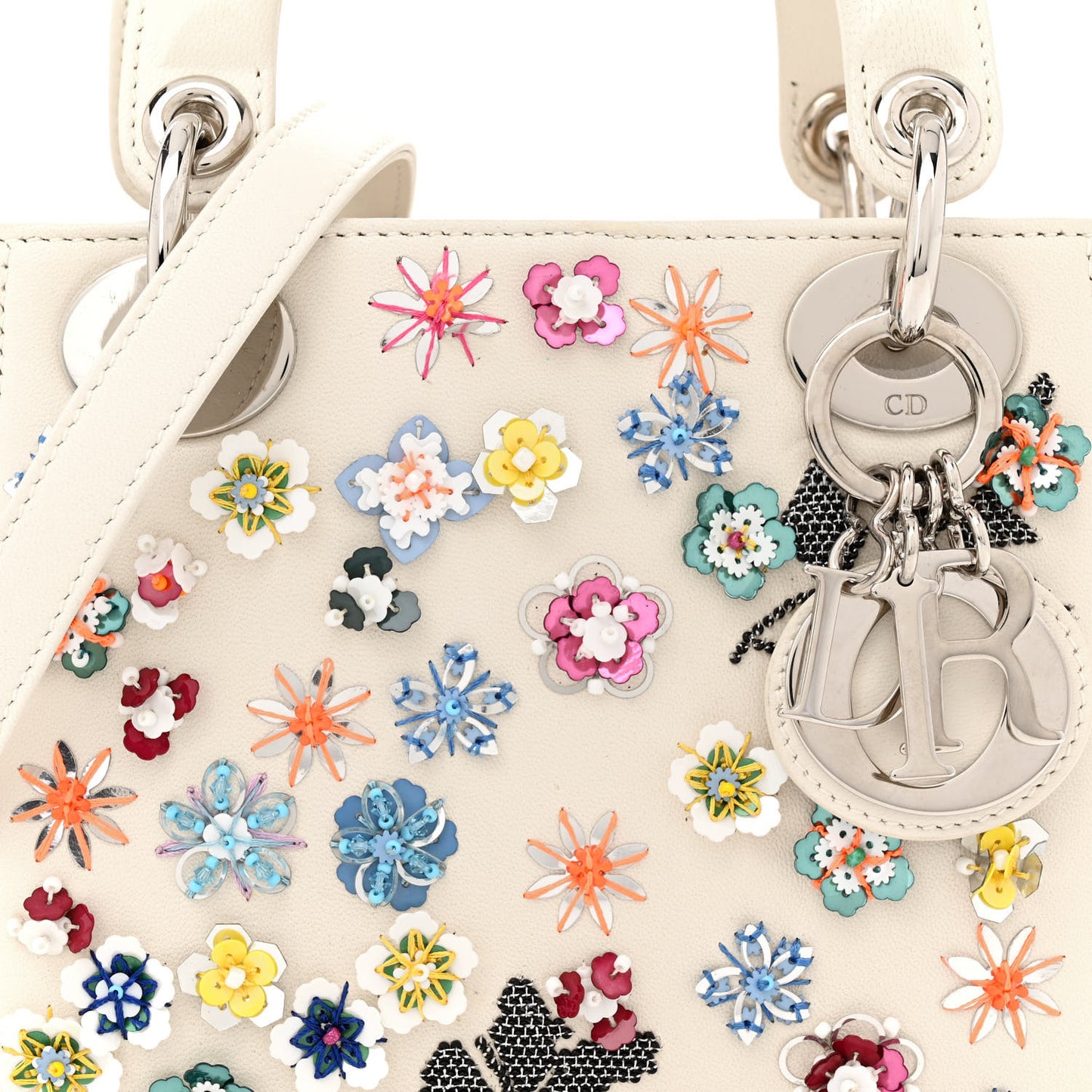 Calfskin Sequin Floral Embroidered Mini Lady Dior White Multicolor