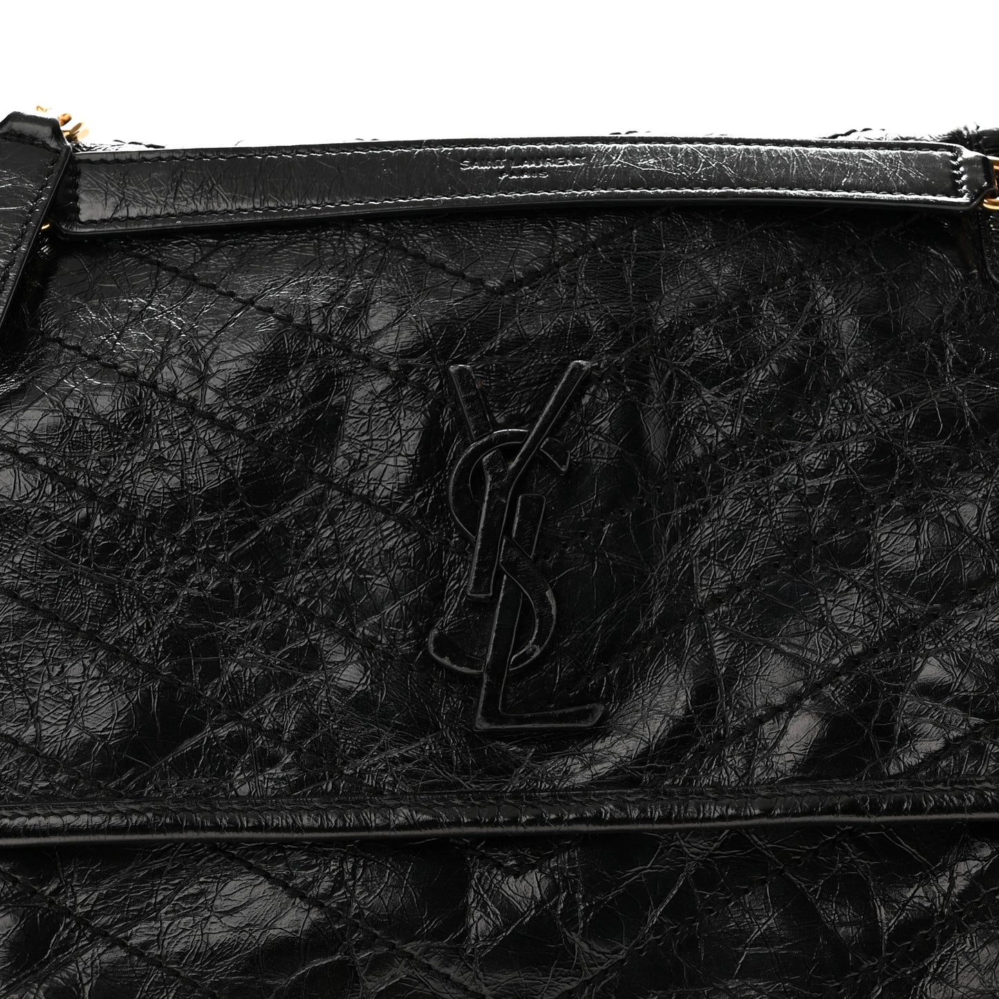 Crinkled Calfskin Matelasse Monogram Medium Niki Chain Satchel Black