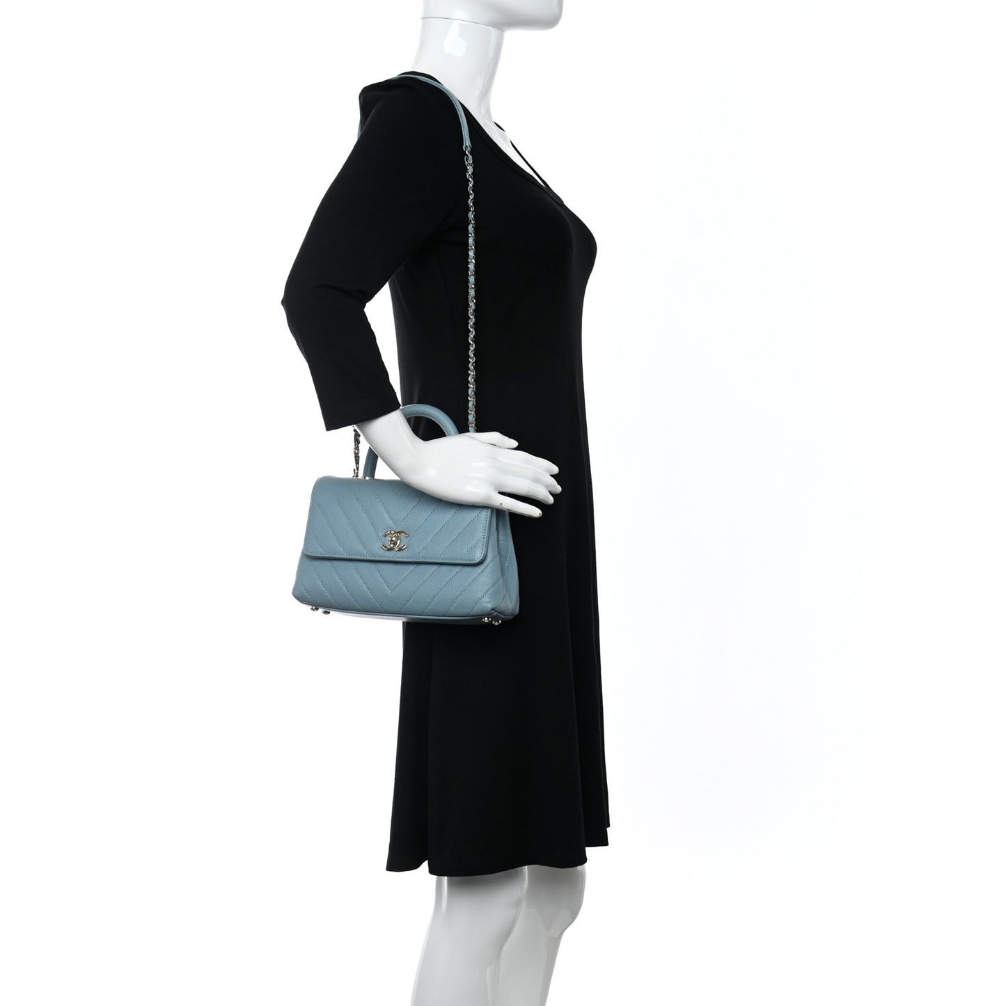 Caviar Chevron Quilted Mini Coco Handle Flap Light Blue