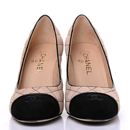 Chanel Suede Quilted Cap Toe Pumps 39 Beige Black 2 of 20