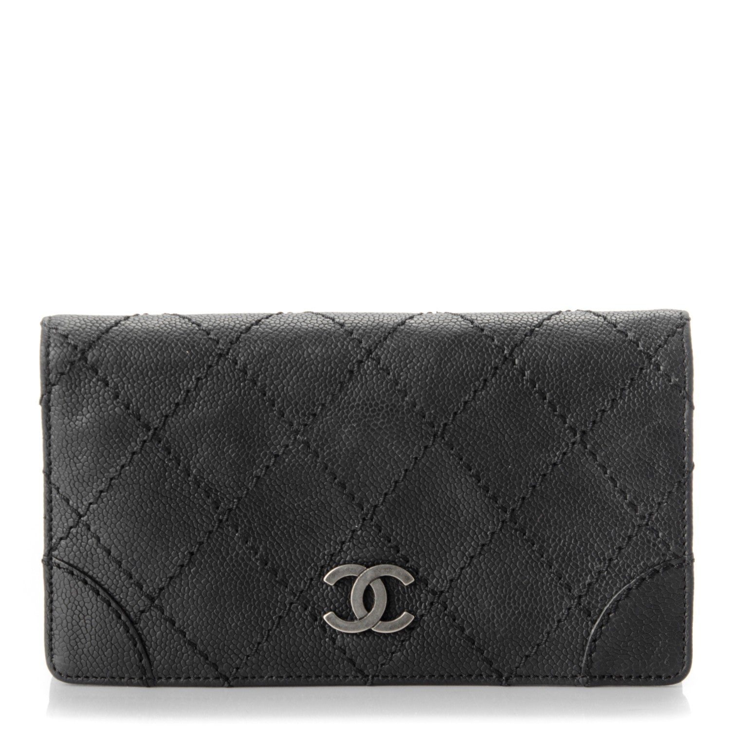 Chanel Distressed Caviar Stitched Outdoor Yen Wallet Black 1 of 8