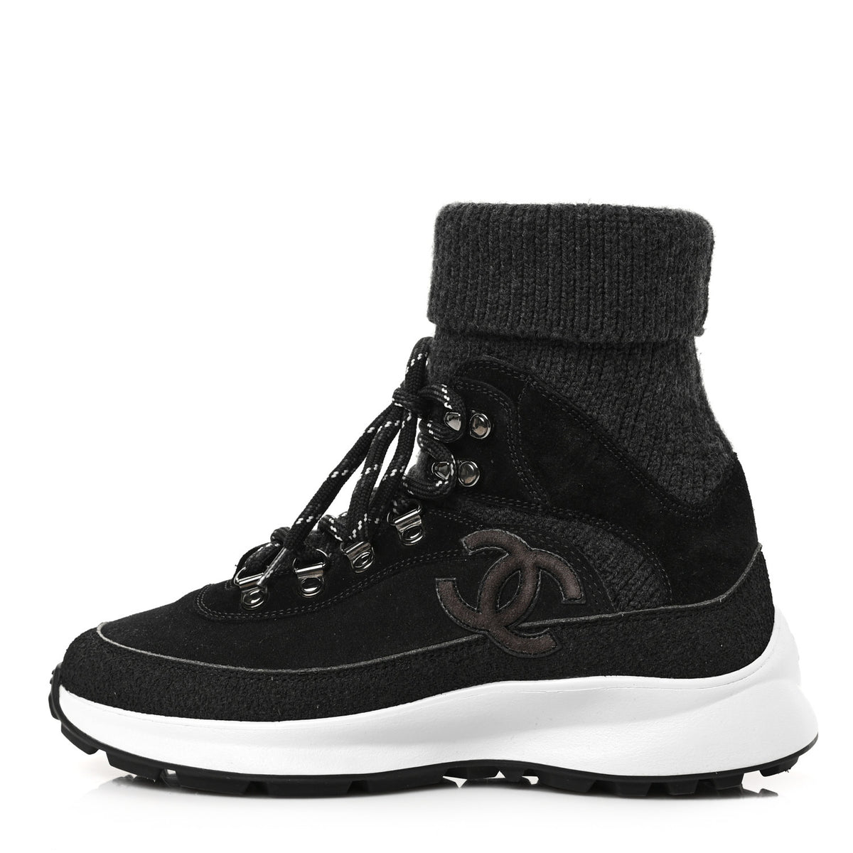 Suede Calfskin Knit CC Sneakers 35.5 Black Dark Gray
