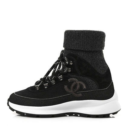 Chanel Suede Calfskin Knit CC Sneakers 35.5 Black Dark Gray 1 of 6