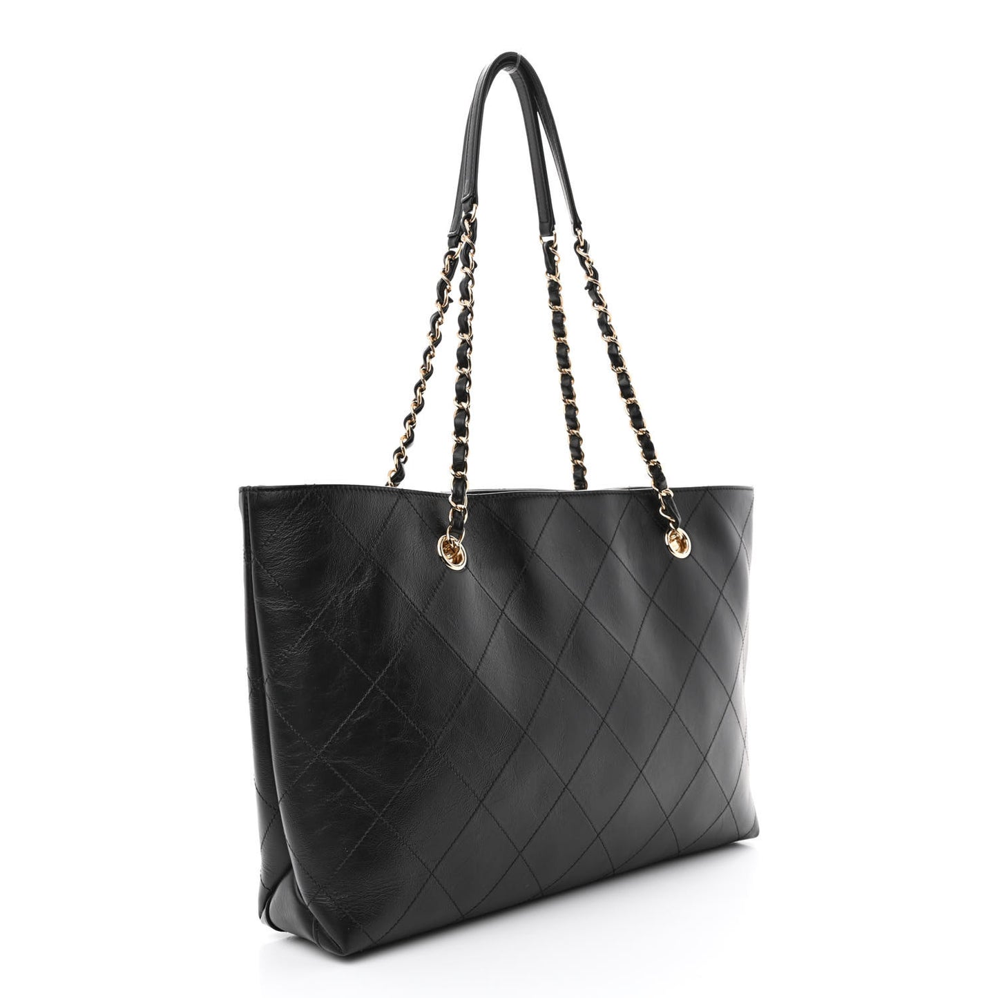Glazed Calfskin Stitched Shopping Tote Black