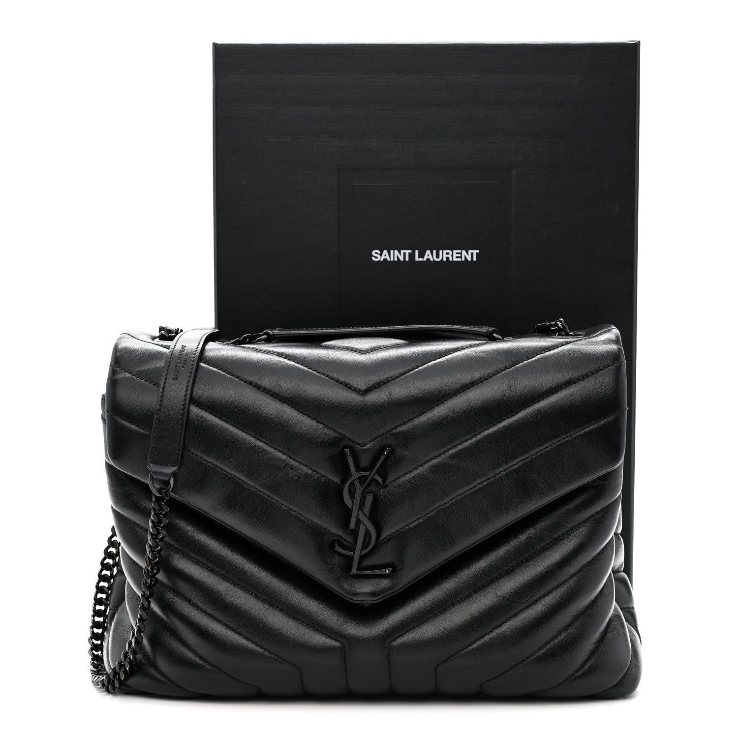Saint Laurent Calfskin Y Quilted Monogram Monochrome Medium Loulou Chain Satchel Black Black 12 of 13