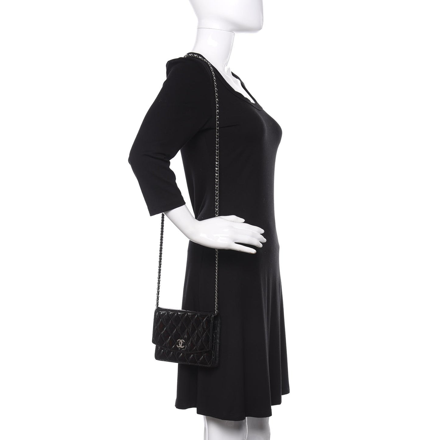 Patent Quilted Brilliant Wallet On Chain WOC Black