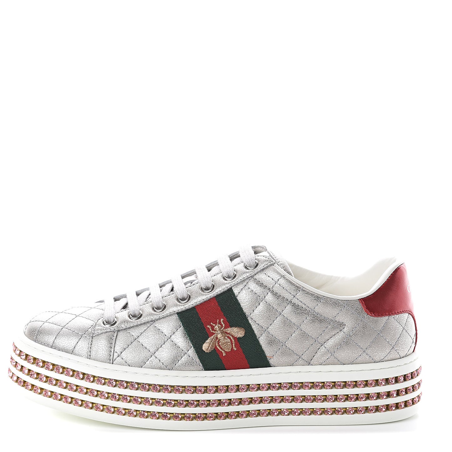 Laminated Nappa Crystal Web Bee Embroidered Trapuntata Womens Ace Platform Sneakers 38 Argento