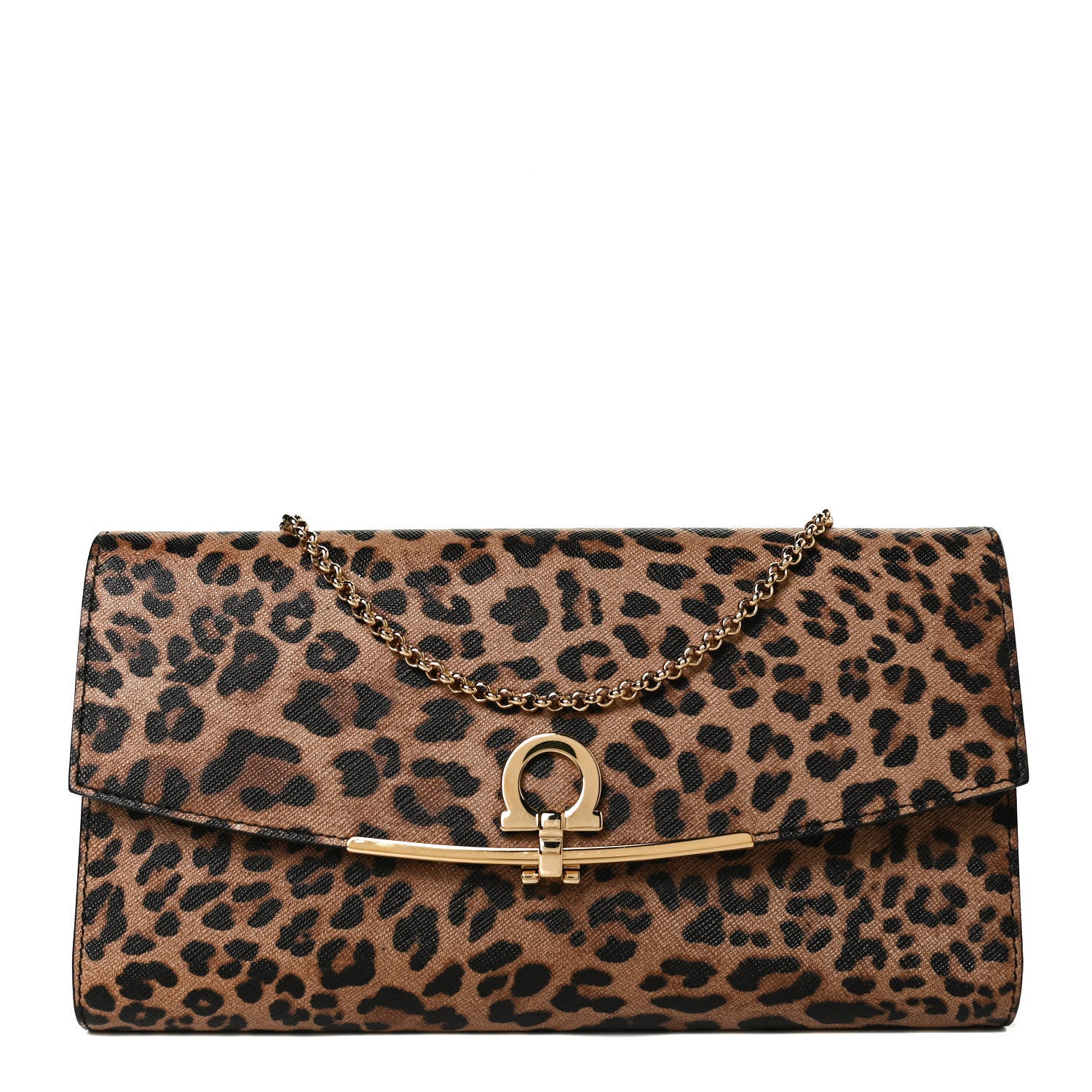 Salvatore Ferragamo Grained Calfskin Leopard Print Gancio Shoulder Bag Black 1 of 10