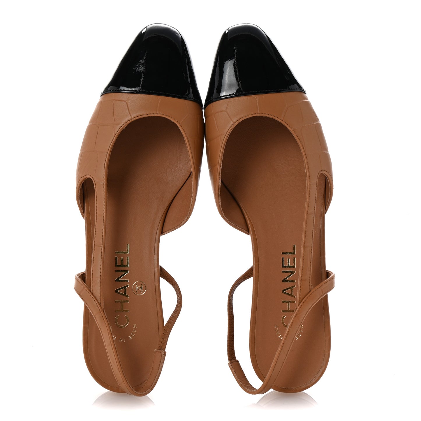 Calfskin Crocodile Embossed Patent Cap Toe CC Slingback Flats 37 Light Brown Black