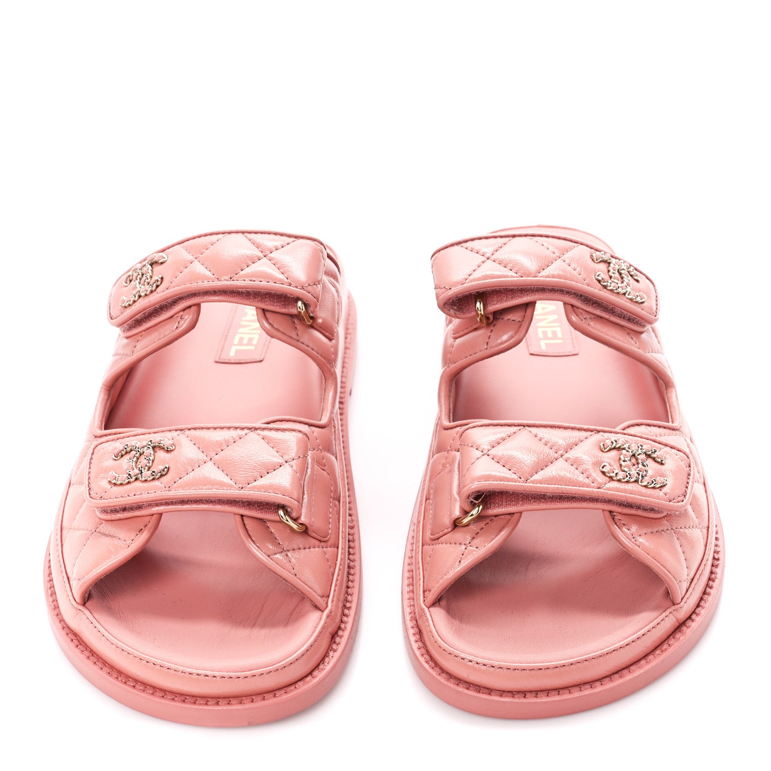 Chanel Lambskin Quilted Velcro Dad Chain CC Slide Sandals 39.5 Pink 2 of 9