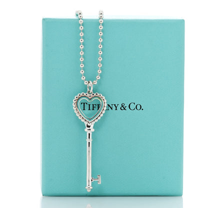 Tiffany Sterling Silver Enamel Beaded Heart Key Pendant Necklace Blue 4 of 5