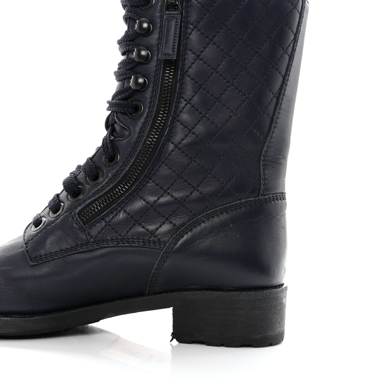 Chanel Sheepskin Quilted CC Tall Lace Up Combat Boots 40 Navy 9 of 11