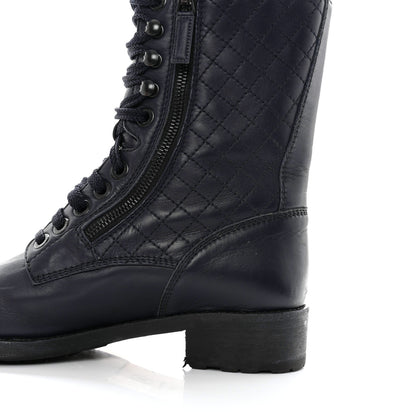 Chanel Sheepskin Quilted CC Tall Lace Up Combat Boots 40 Navy 9 of 11