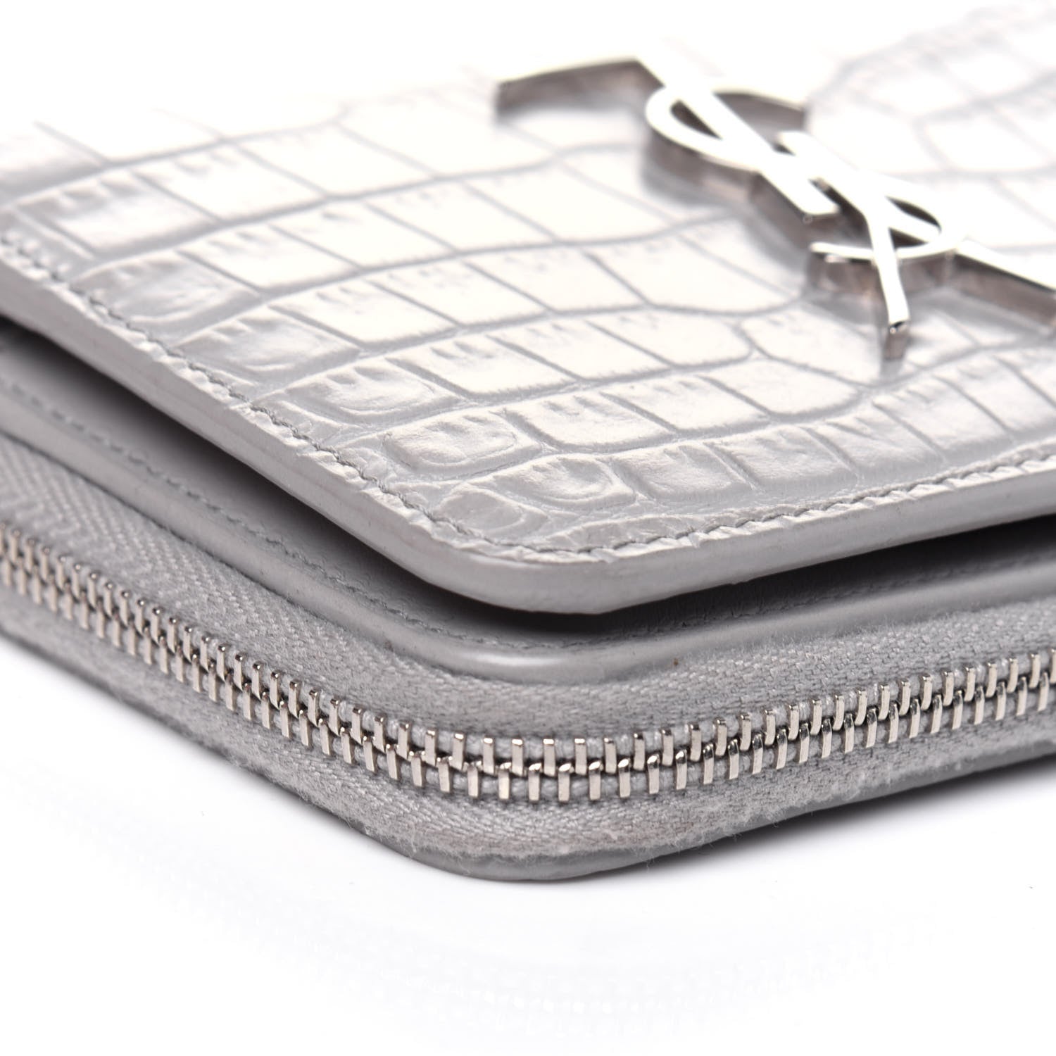 Saint Laurent Calfskin Crocodile Embossed Monogram Compact Wallet Mouse Grey 10 of 11