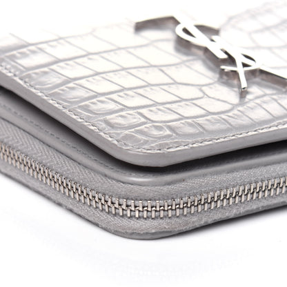 Saint Laurent Calfskin Crocodile Embossed Monogram Compact Wallet Mouse Grey 10 of 11