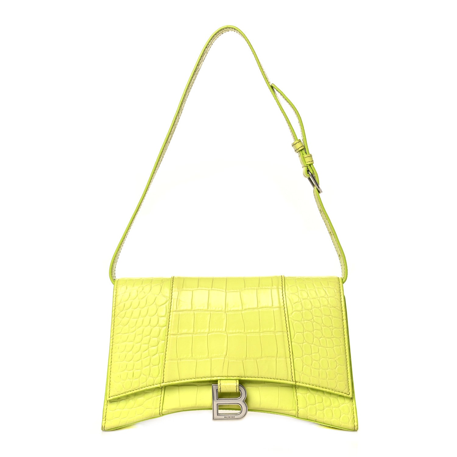 Balenciaga Shiny Calfskin Crocodile Embossed Small Hourglass Sling Shoulder Bag Lime 1 of 9