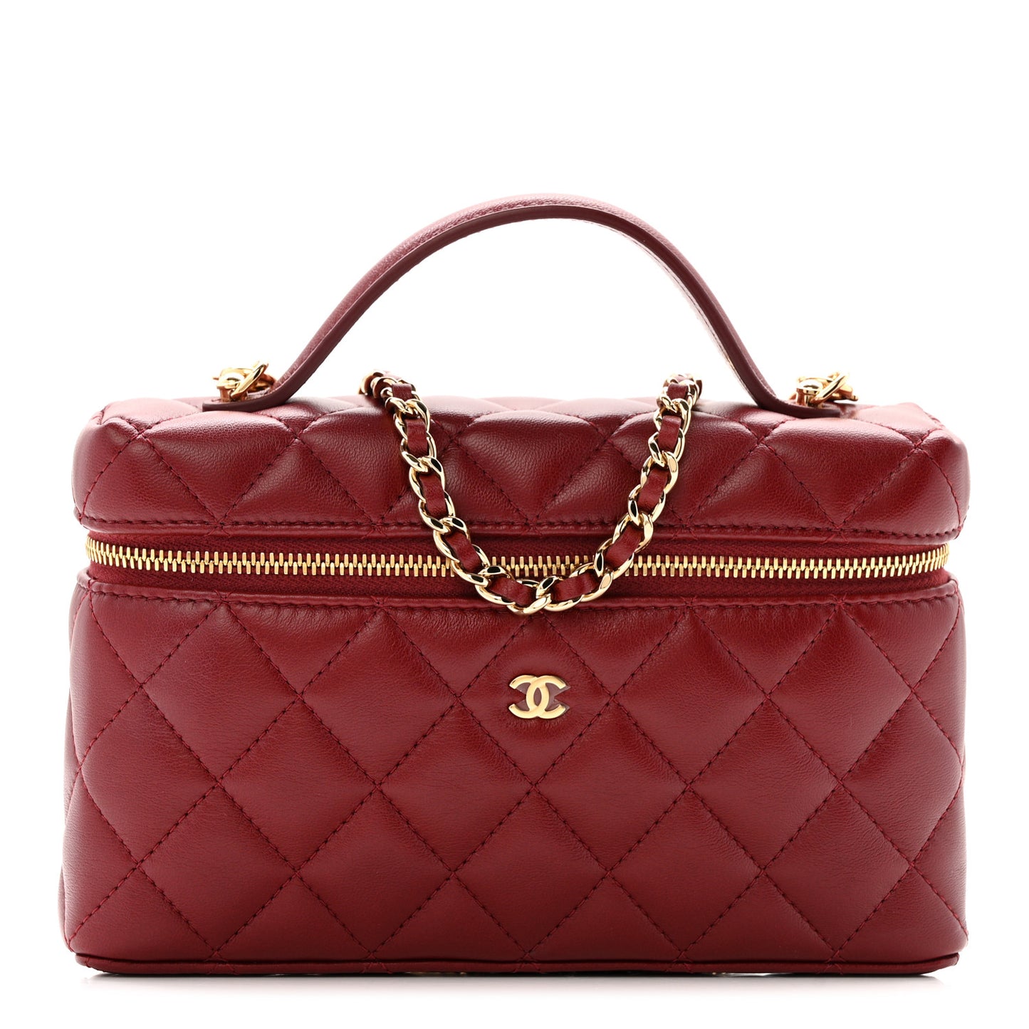 Lambskin Quilted Top Handle Slim Vanity With Chain Burgundy