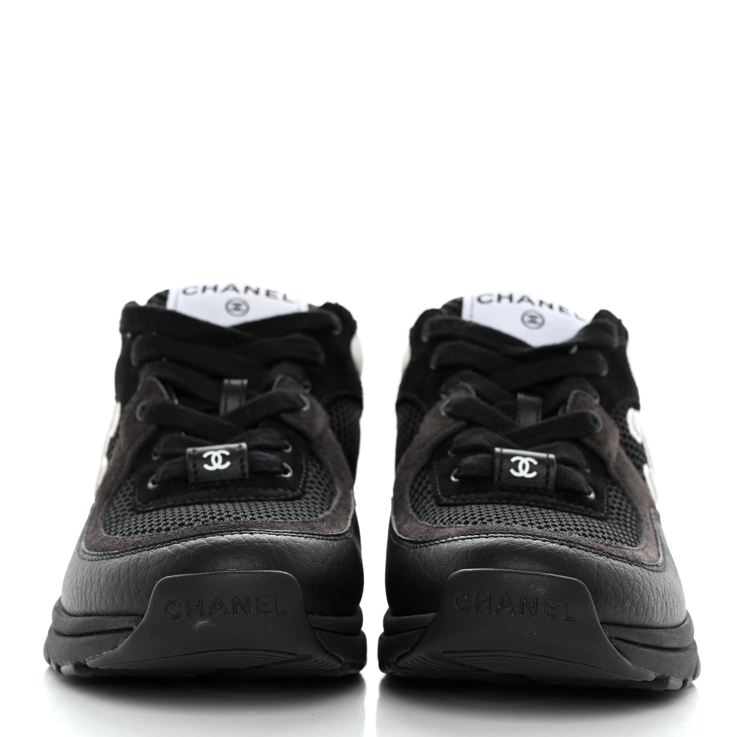 Chanel Mesh Suede Grained Calfskin Womens CC Sneakers 35 Black White 2 of 10