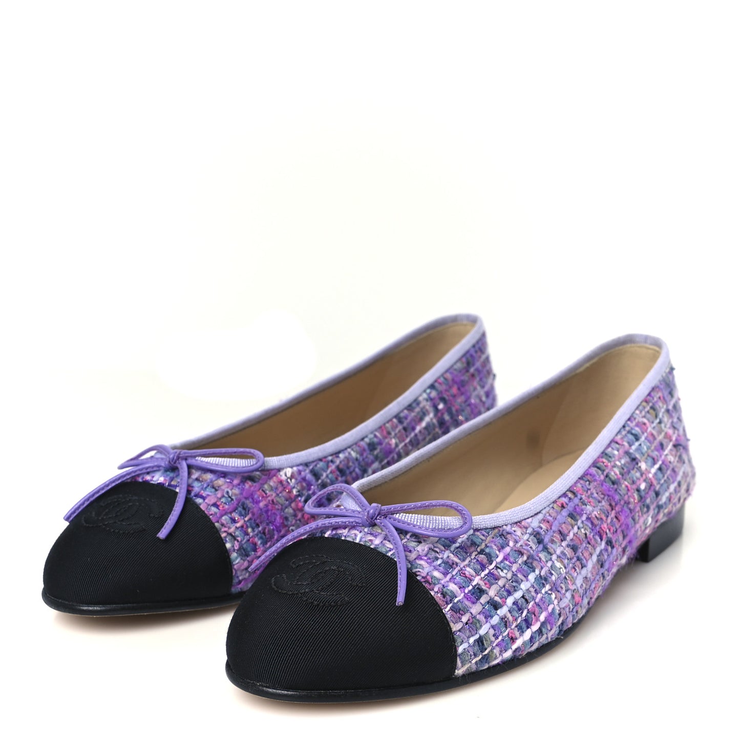 Tweed Grosgrain Cap Toe Ballerina Flats 38.5 Purple Black
