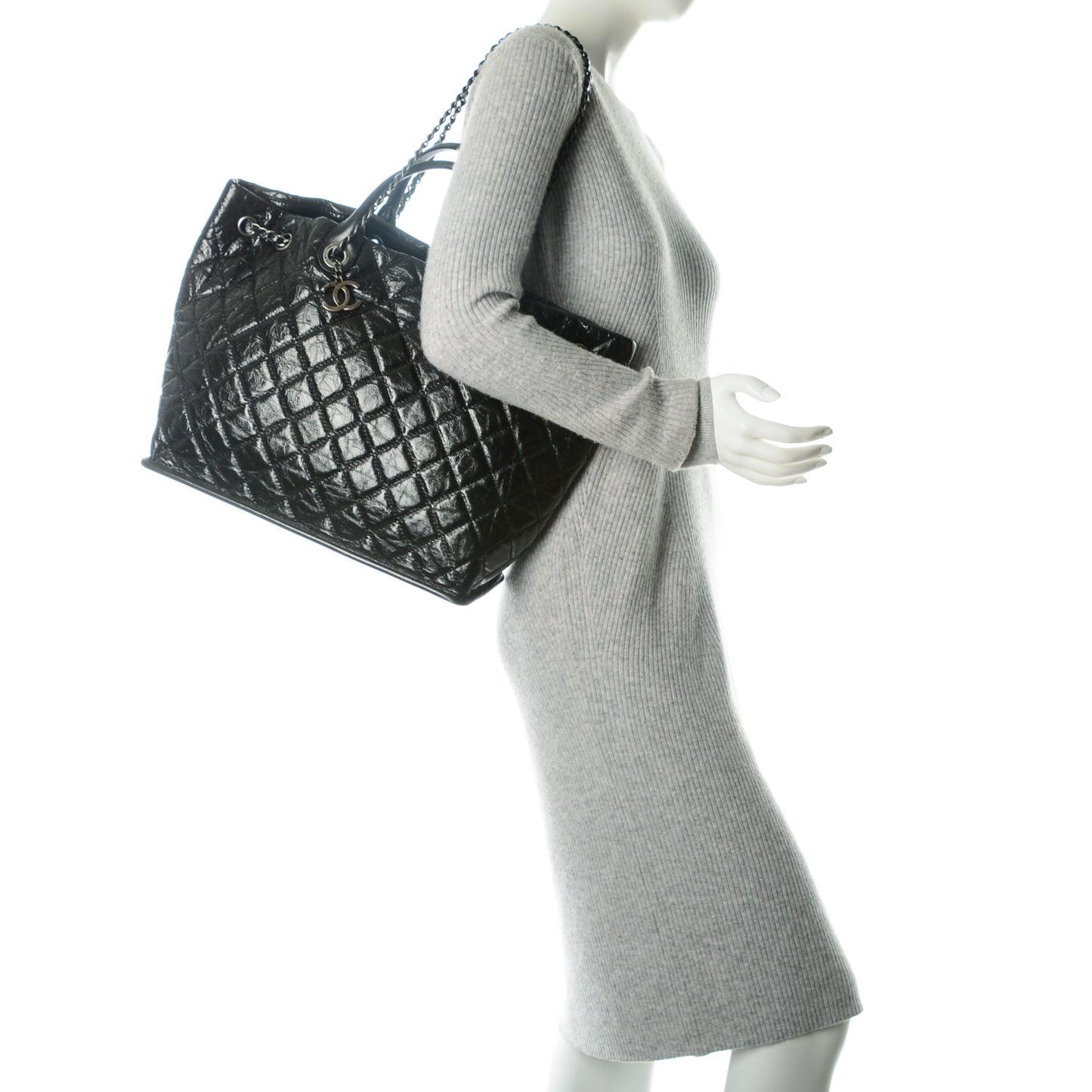 Glazed Calfskin Quilted Drawstring Shopping Tote Black