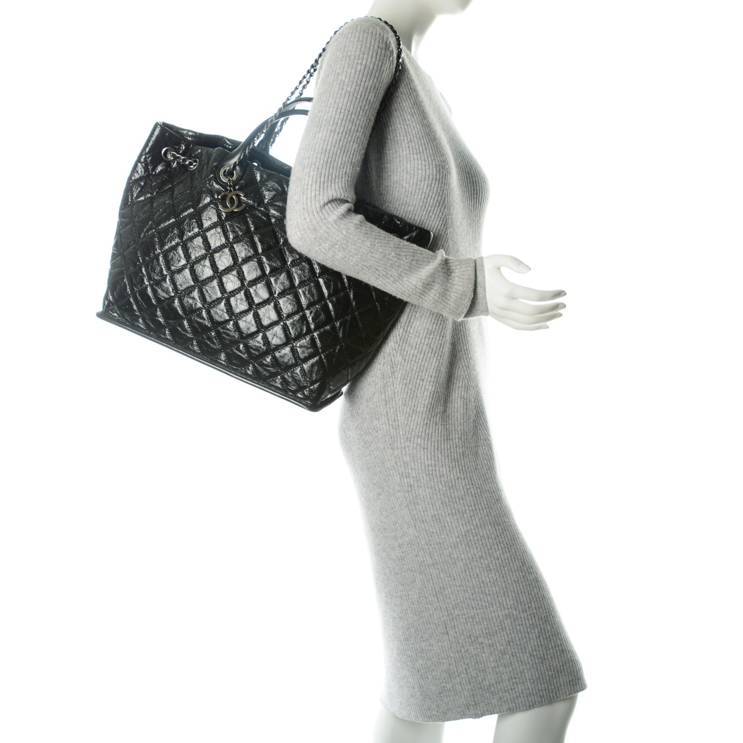 Chanel Glazed Calfskin Quilted Drawstring Shopping Tote Black 2 of 7