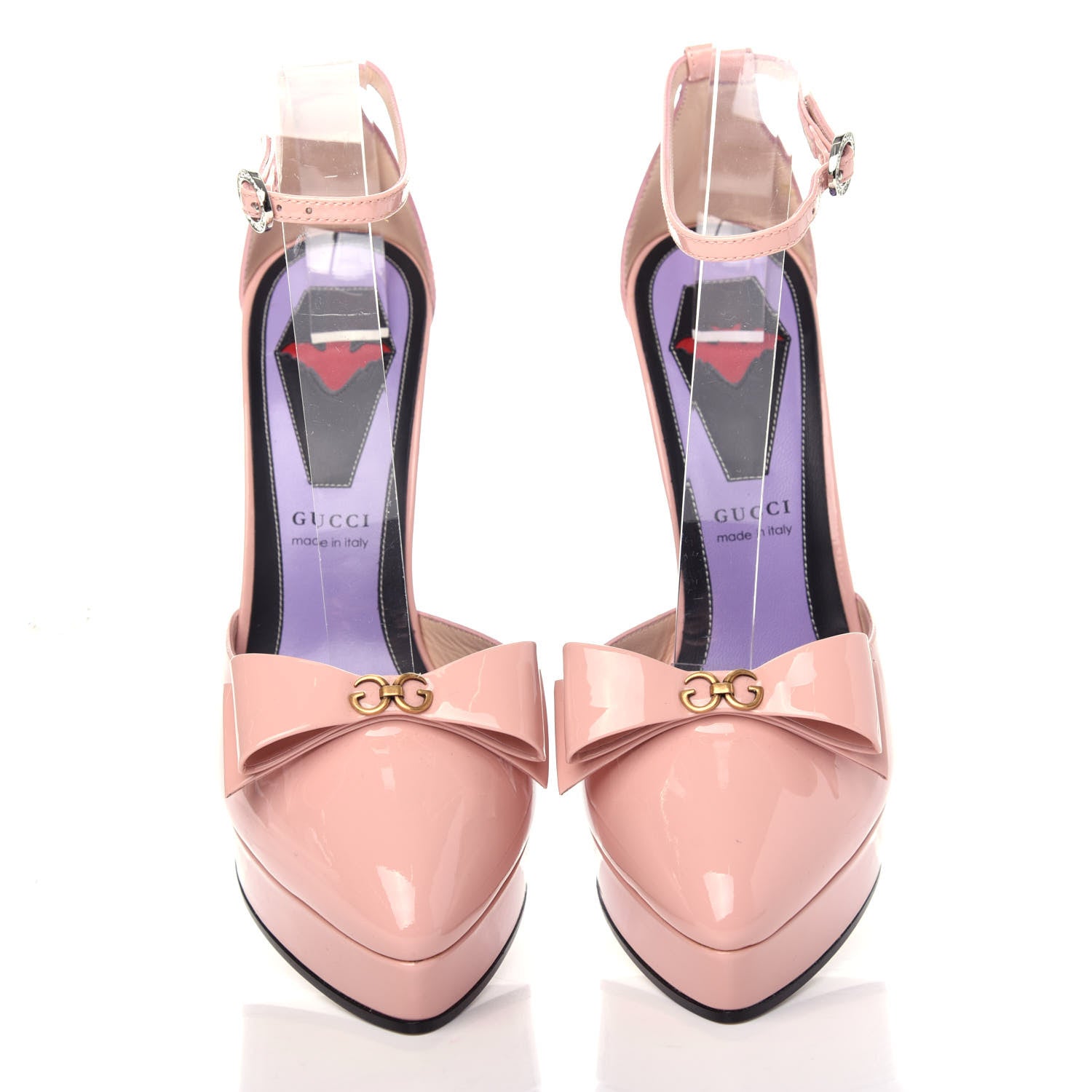 Gucci Patent Crystal GG Bow Sadie Spike Ankle Strap d'Orsay Platform High Heel Pumps 37.5 Perfect Pink 5 of 11