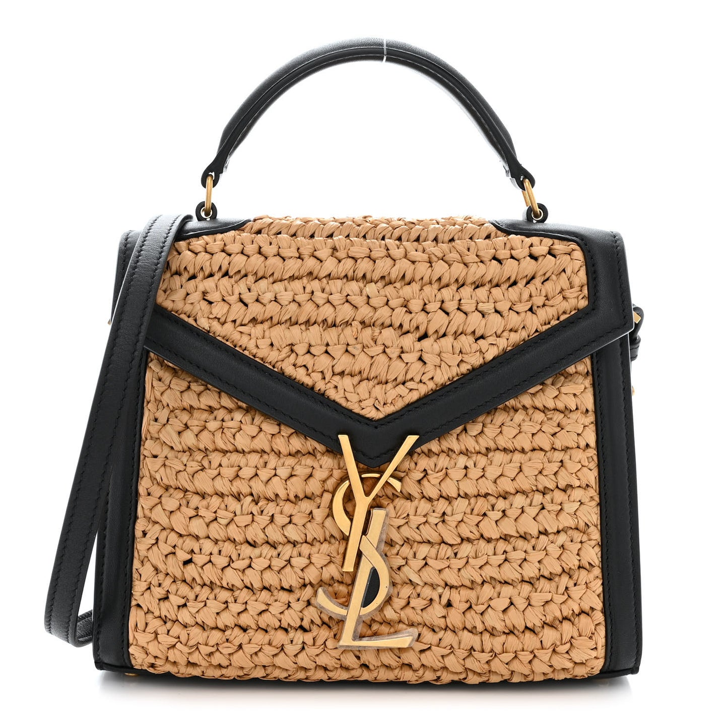 Raffia Calfskin Mini Classic Monogram Cassandra Top Handle Black Natural