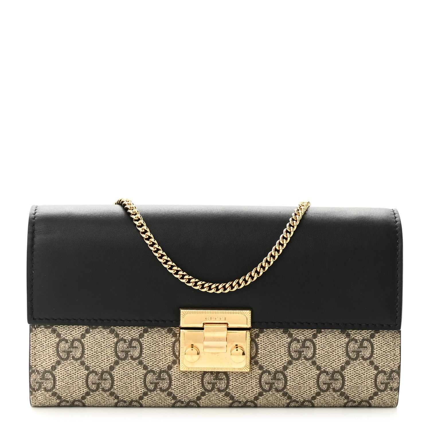 Gucci GG Supreme Monogram Moon Calfskin Padlock Continental Chain Wallet Beige Ebony Black 1 of 9