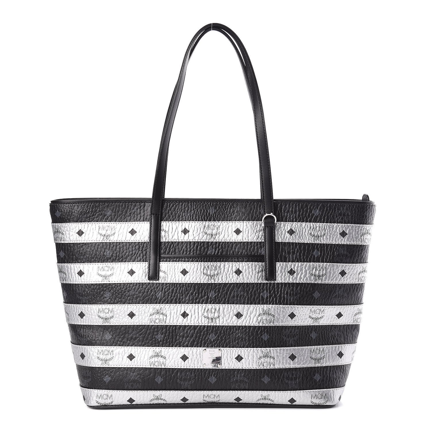 MCM Metallic Visetos Striped Medium Anya Shopper Tote Black Silver 1 of 11