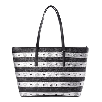 MCM Metallic Visetos Striped Medium Anya Shopper Tote Black Silver 1 of 11