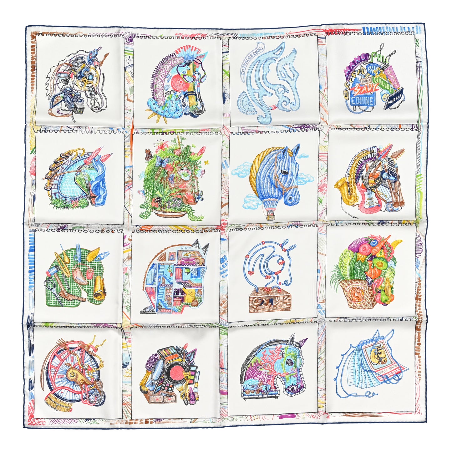 Silk Chevaloscope Scarf 90 White Bleu Multicolor