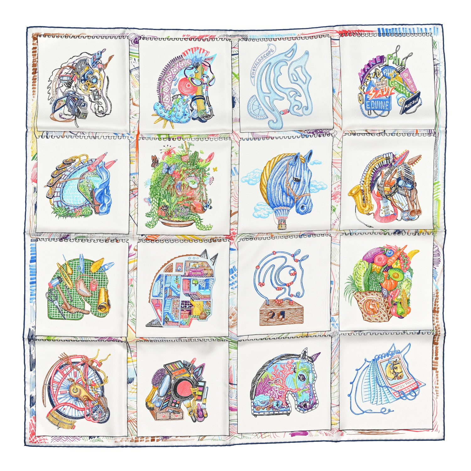 Hermes Silk Chevaloscope Scarf 90 White Bleu Multicolor 1 of 4