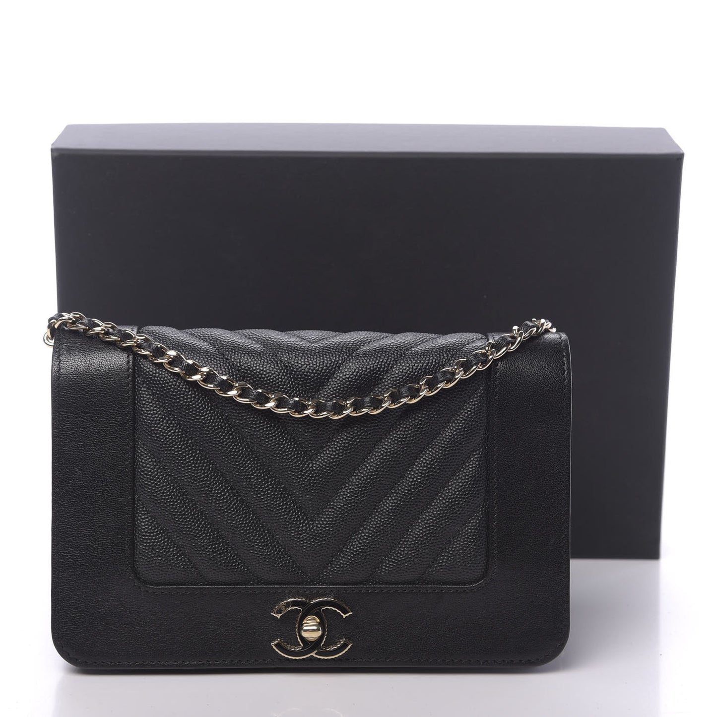 Caviar Sheepskin Chevron Quilted Vintage Mademoiselle Wallet On Chain WOC Black