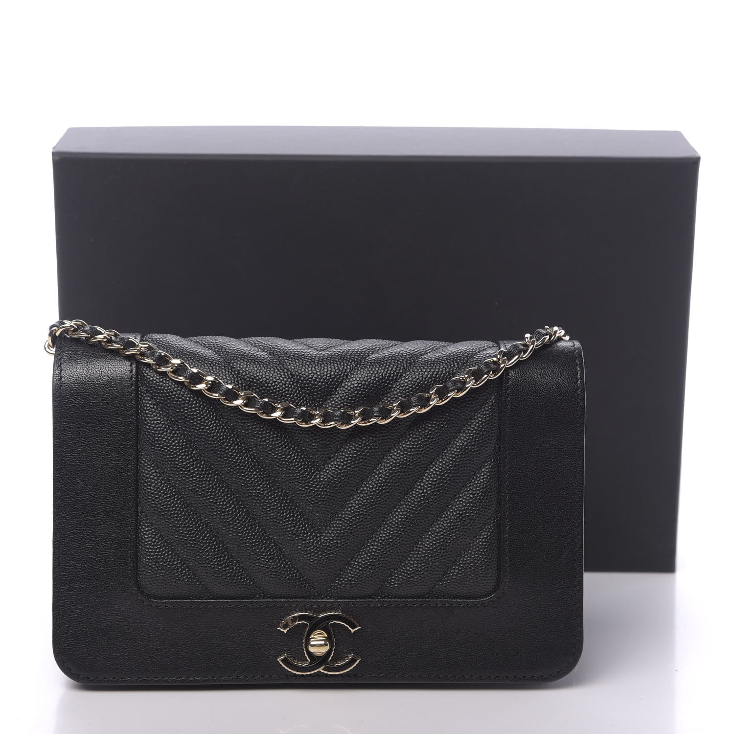 Chanel Caviar Sheepskin Chevron Quilted Vintage Mademoiselle Wallet On Chain WOC Black 17 of 17