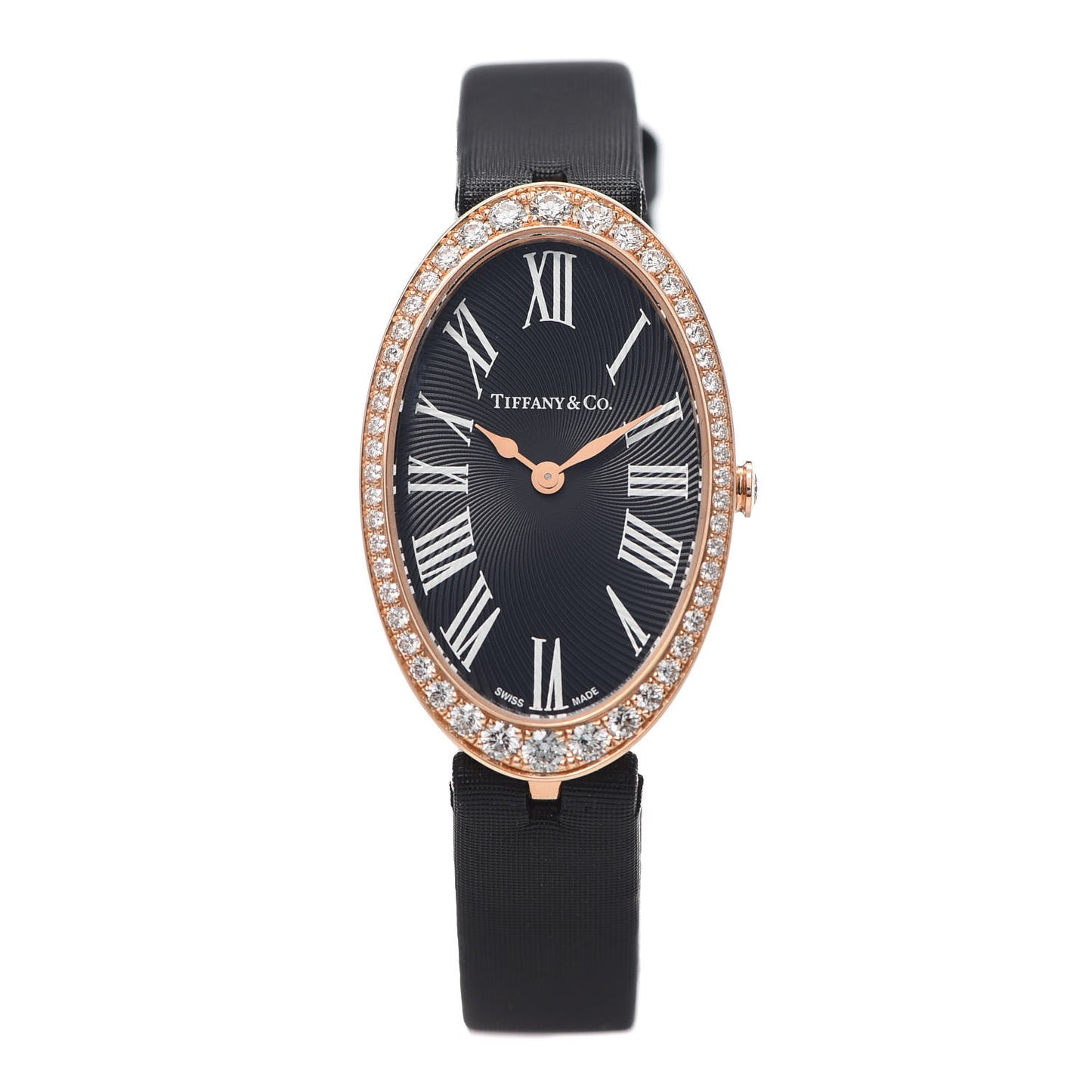 18K Rose Gold Satin Diamond Bezel 21mm 2-Hand Cocktail Quartz Watch Black