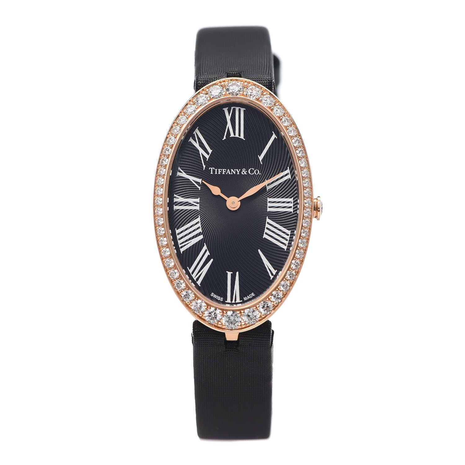 Tiffany 18K Rose Gold Satin Diamond Bezel 21mm 2-Hand Cocktail Quartz Watch Black 1 of 7