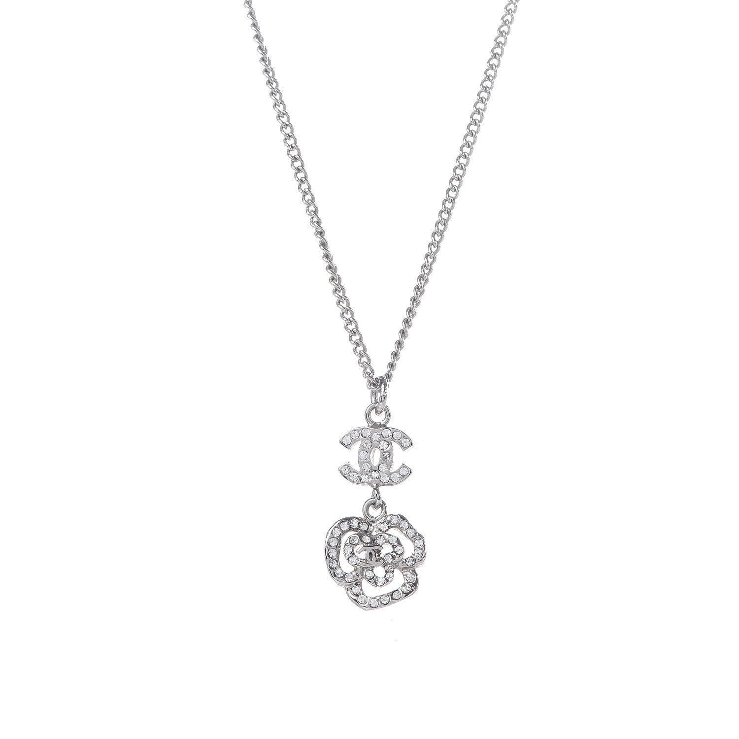 Chanel Crystal CC Camellia Necklace Silver 4 of 6
